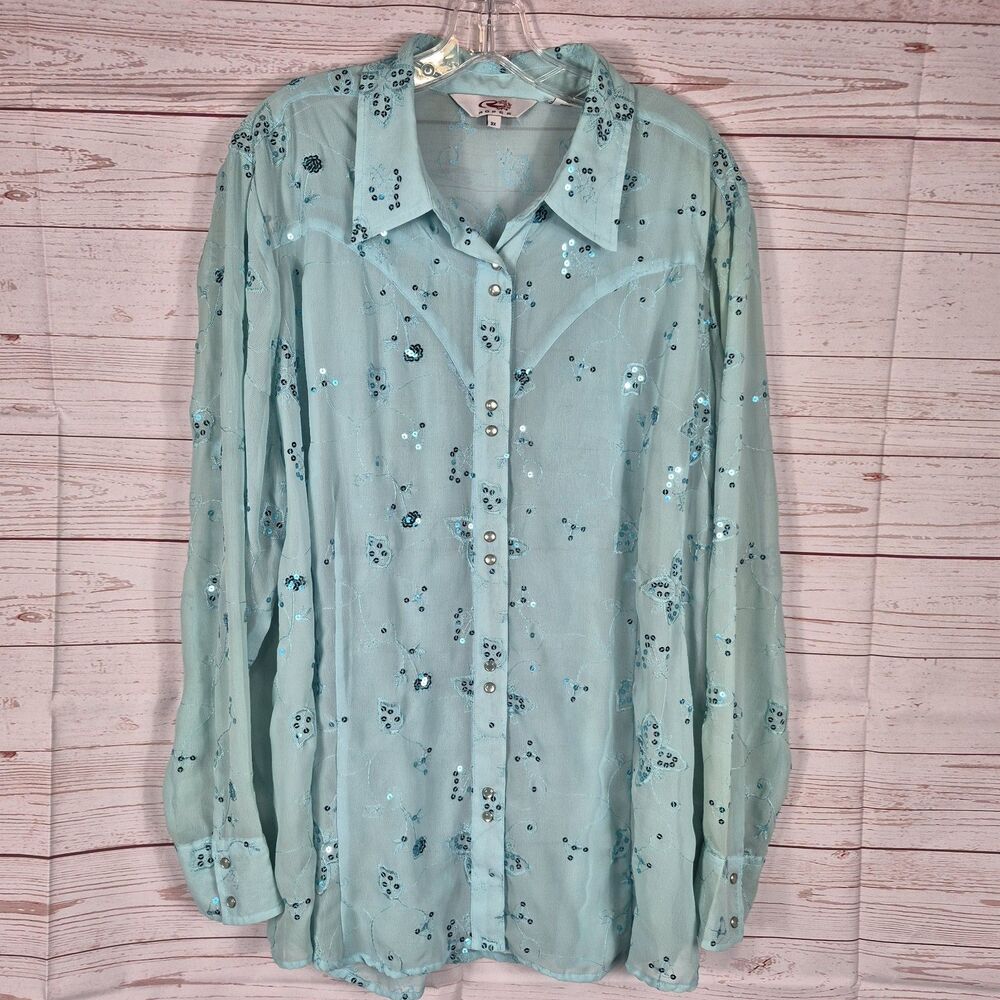 Roper Blue Western Shirt 3XL Cowgirl Pearl Snap Rodeo Floral Sequins Embroidered